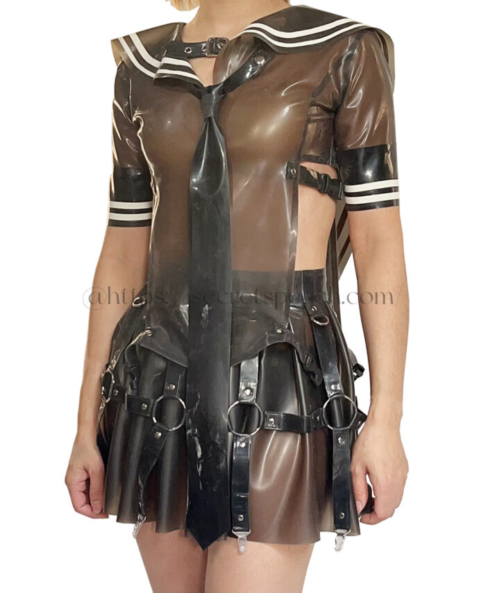 Woman Latex Uniform Dress Transparent Black