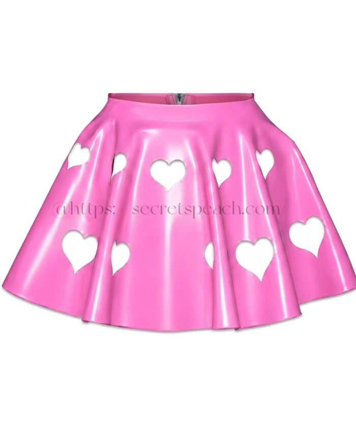 100% natural latex pink hollow out heart pleated skirt